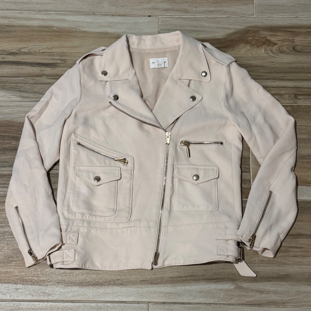 Club Monaco Womens XS Pale Pink Suede Feel Moto Biker Jacket Asymmetrical Zip